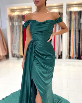 Elegant Off-the-shoulder sleeveless Mermaid Elastic Woven Satin green Prom Dress with Ruffle_4