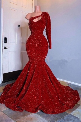 Sparkly Red One Shoulder Long Sleeve Prom Dress With Glitter_1