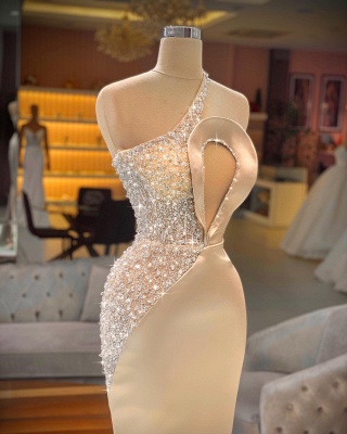Elegant One-Shoulder Sleeveless Mermaid Elastic Woven Satin Prom Dress with Crystal and Chapel Train_2