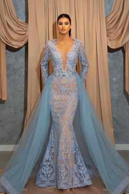 Gorgeous Sky Blue V-neck Long Sleeve Sheath Mermaid Appliques Transparent Lace Prom Dresses_1