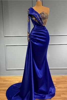 Royal Blue One Shoulder Long Sleeve Mermaid Prom Dresses_1