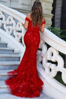 Red Off Shoulder Sleeveless Lace Mermaid  Long Prom Dress with Glitter_2