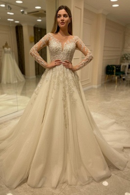 Modern Ivory V Neck Long Sleeve A line Wedding Dress With Lace_1