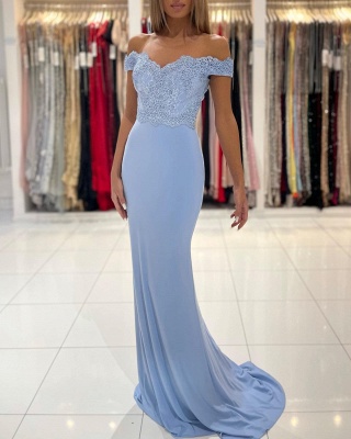 Simple Blue Off Shoulder Meramid Long Prom Dress With Lace_2