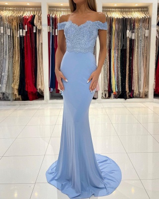 Simple Blue Off Shoulder Meramid Long Prom Dress With Lace_5