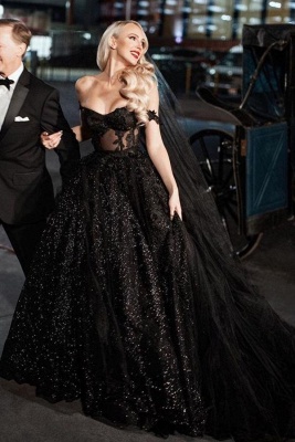 Gorgeous Black Off-the-Shoulder Ball Gown Sequin Wedding Dresses_1