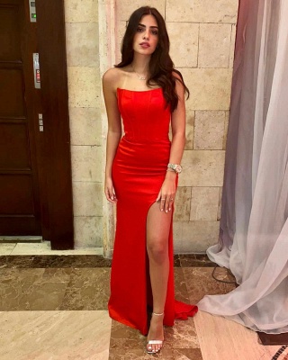 Simple Red Strapless Sheath Prom Dresses with Slit_3