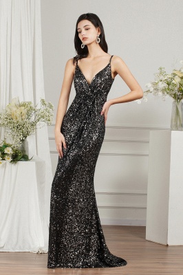 Black Sparkly Späghetti Strap Sleeveless Long Meramid Sequins Prom Dress_4