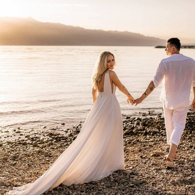 Simple Spägetti Straps Sleeveless Beach Wedding Gowns Bridal Dresses_3
