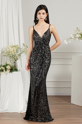 Black Sparkly Späghetti Strap Sleeveless Long Meramid Sequins Prom Dress_2