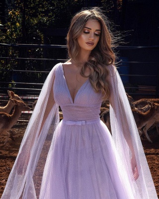 Nectarean lavender V-neck Transparent Long sleeve A-Line Floor-length Prom Dresses_2