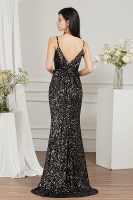 Black Sparkly Späghetti Strap Sleeveless Long Meramid Sequins Prom Dress_7