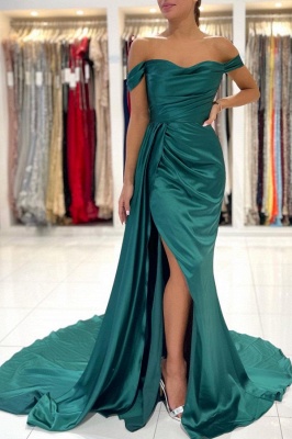 Elegant Off-the-shoulder sleeveless Mermaid Elastic Woven Satin green Prom Dress with Ruffle_1