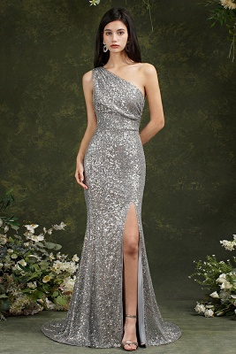 Silver One Shoulder Sleeveless Meramid Long Prom Dress_1
