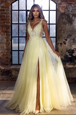Simple yellow V-Neck Sleeveless Empire Tulle Applique Prom Dress with Sweep Train_1