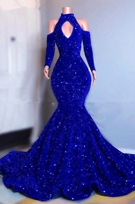 Royal  Blue Long Sleeve Sparkly Mermaid Prom Dress_1