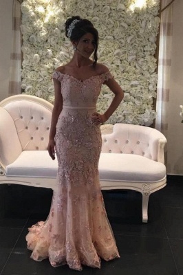 Elegant Pink Off Shoulder Sparkly Lace Mermaid Prom Dress_1