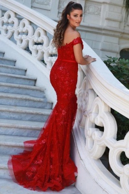 Red Off Shoulder Sleeveless Lace Mermaid  Long Prom Dress with Glitter_1