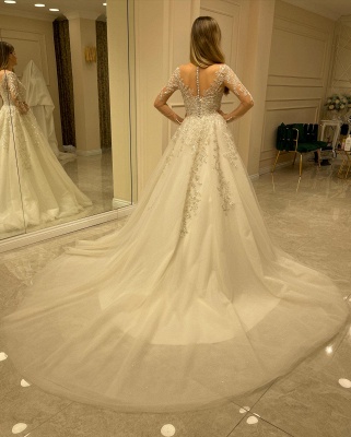 Modern Ivory V Neck Long Sleeve A line Wedding Dress With Lace_2