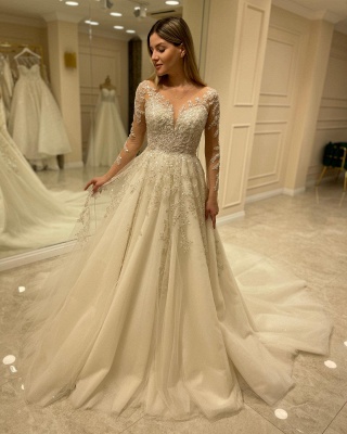 Modern Ivory V Neck Long Sleeve A line Wedding Dress With Lace_3