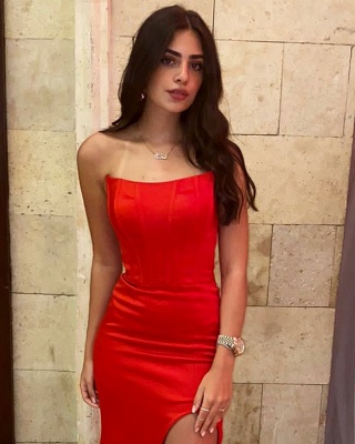 Simple Red Strapless Sheath Prom Dresses with Slit_2