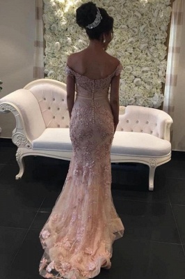 Elegant Pink Off Shoulder Sparkly Lace Mermaid Prom Dress_2