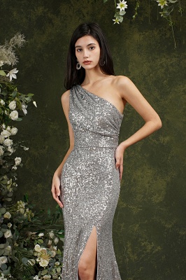 Silver One Shoulder Sleeveless Meramid Long Prom Dress_5