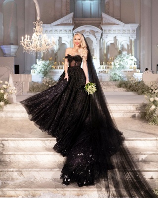 Gorgeous Black Off-the-Shoulder Ball Gown Sequin Wedding Dresses_5