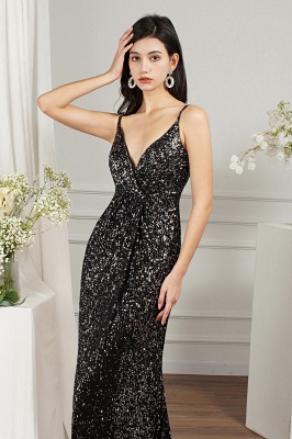 Black Sparkly Späghetti Strap Sleeveless Long Meramid Sequins Prom Dress_5