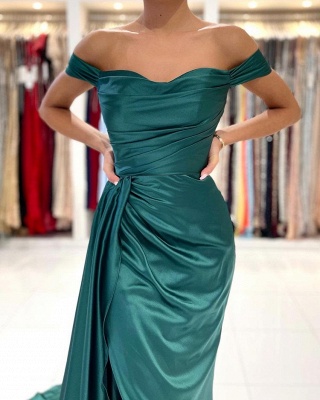 Elegant Off-the-shoulder sleeveless Mermaid Elastic Woven Satin green Prom Dress with Ruffle_3