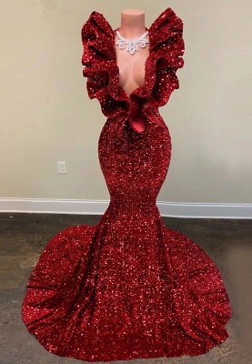 Gorgeous Red V-neck Sequins Tddecoration Sleeveless Floor-length Mermaid Prom Dresses_5