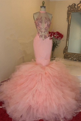 Nectarean Pink Transparent Lace High Neck Sleeveless Floor-length Mermaid Prom Dresses_1