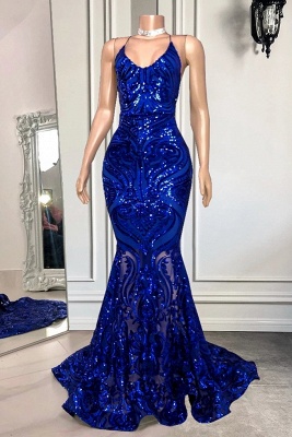 Gorgeous Blue Sequins Jewel Sleeveless Floor-length Mermaid Prom Dresses_2