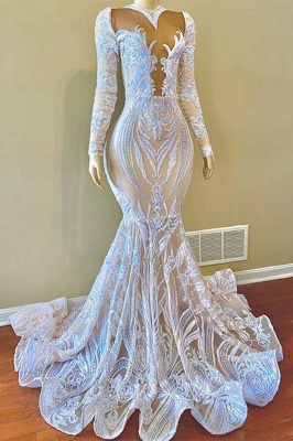 Classy White V-neck Sequins Long Sleeve Floor-length Mermaid Prom Dresses_1