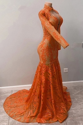 Fabulous Orange Halter Appliques Lace Long Sleeve Mermaid Prom Dresses_5