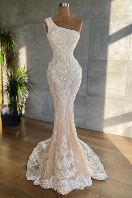 Sexy One shoulder Mermaid With Appliques Lace Wedding Dresses_1