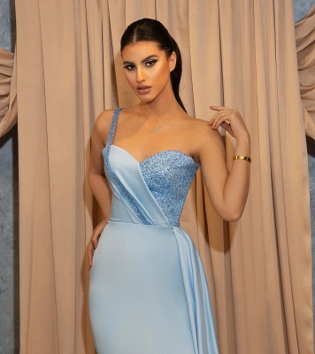 Sexy Sky Blue Sweetheart One Shouleder Sheath Prom Dresses with Slit_2