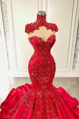 Red Swetheart Sleeveless Mermaid Satin Floor-Length Prom Dresses with Beading_2