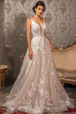 Classy V-neck Appliques Lace Spaghetti Straps Sleeveless A-Line Wedding Dresses_1
