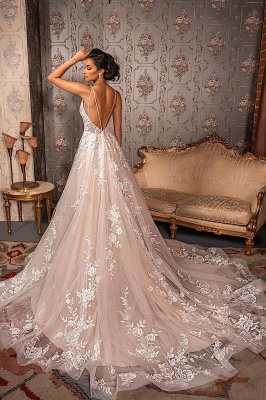 Classy V-neck Appliques Lace Spaghetti Straps Sleeveless A-Line Wedding Dresses_2