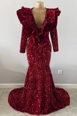 Gorgeous Red V-neck Sequins Tddecoration Sleeveless Floor-length Mermaid Prom Dresses_4