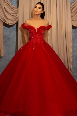 Red Off-the-shoulder Sleeveless Ball Gown Chiffon Floor-Length Prom Dresses with Lace_1