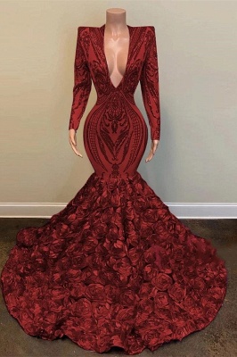 Fabulous Red V-neck Long Sleeve Floor-length Sequins Flowers Mermaid Prom Dresses_1
