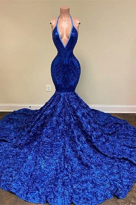 Dignified Blue Halter V-neck Sequins Split Front Sleeveless Floor-length Mermaid Prom Dresses_1