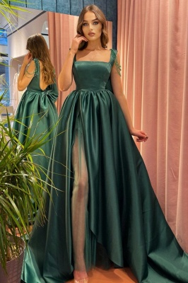 Modest Green A-Line Square Neckline Straps Prom Dresses with Slit_2