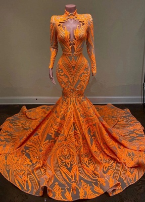 Fabulous Orange Halter Appliques Lace Long Sleeve Mermaid Prom Dresses_1