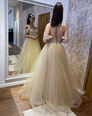 Champagne Sweetheart Off-the-Shoulder Tulle Ball Gowns Wedding Dresses_2