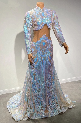 Shimmers Two Piece High-neck Long Sleeve Floor-length A-Line Prom Dresses_2
