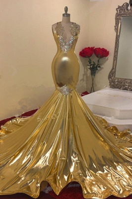 Fabulous Golden Beading V-neck Sleeveless Floor-length Mermaid Prom Dresses_1