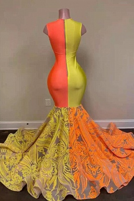 Unique Bicolor V-neck Appliques Lace Floor-length Sleeveless Column Mermaid Prom Dresses_2